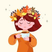 Autumn Girl with Coffee Cup and Fall Leaves Wreath. Cute girl with autumn leaves holding a cup of coffee or tea,wearing a cozy sweater,greeting cards,social media, lifestyle blogs. illustration vector