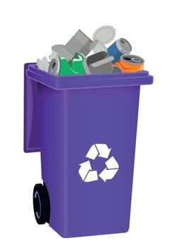 lilac plastic trash container with garbage inside isolated on white background vector