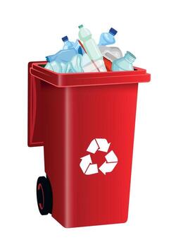 red plastic trash container with garbage inside isolated on white background vector