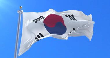 Flag of South Korea waving at wind with blue sky, loop video