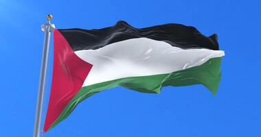 Flag of Palestine waving at wind with blue sky in slow, loop video