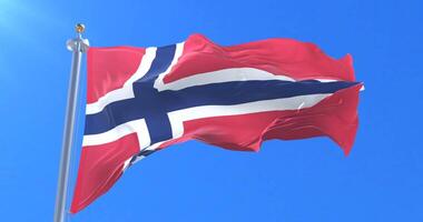 Norway flag waving at wind with blue sky in slow, loop video