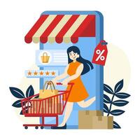Online shopping concept with a woman is pushing a cart away from a smartphone. flat color illustration isolated on white background. vector
