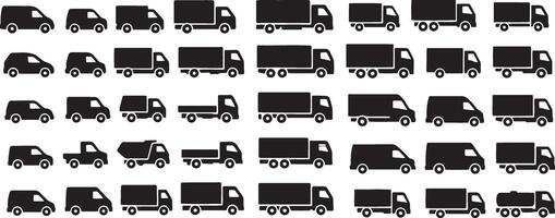 Various trucks and vans in black silhouette lorry cargo vector