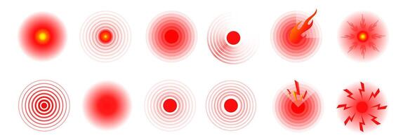Set of Pain icons. Pain red circles isolated. Ache localization icons vector