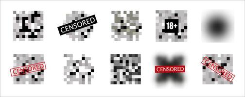 Censorship elements of various types, censored bar and pixel censor mosaics signs set, censure pixilation effect and blur, templates for visual materials censoring vector