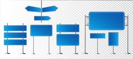 Road blue traffic signs set. Blank board with place for text. Mockup. Isolated information sign. Direction. illustration vector