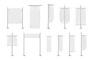 set of blank, textile banners or flags in various shapes, for brand promotion, marketing, advertisement isolated on background. Outdoor, portable pole with cloth, mockup for your design. vector