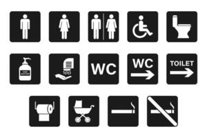 Toilet icons set, common male female restroom, handicap wheelchair access, sanitizer liquid soap, WC direction, baby, toilet signs, WC signs collection vector