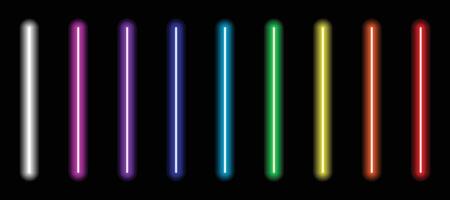 Luminous neon lines isolated, lights lines set with all colors, retro led neon lamp tube, glowing laser beams streaks on dark background vector