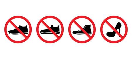 No shoes icon symbol set. Remove footwear sign. Shoes not allowed. Prohibition, prohibited, forbid shoes. Warning red round sign, Warning sign on white background vector