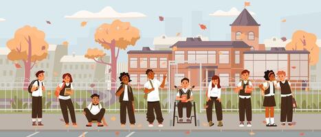 Students at school during autumn season vector
