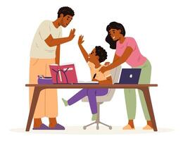 Happy African American family making homework with primary school child sitting at desk flat illustration isolated on white. Parents complimenting the child for education success, giving high five. vector