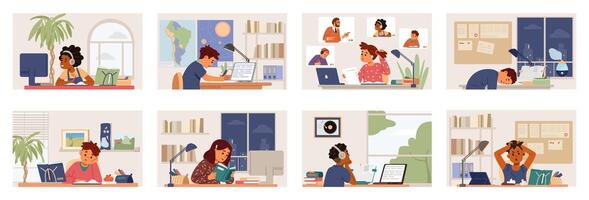 People studying in varied workspaces vector