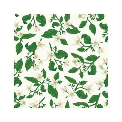Seamless pattern featuring orange tree branches adorned with white flowers and green leaves on a light yellow background, offering a fresh and vibrant design for various applications