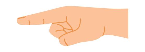 Cartoon illustration featuring a hand with the index finger extended, pointing towards the left, set against a clean white background, emphasizing communication and direction vector