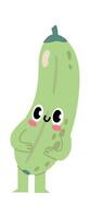 Shy zucchini cartoon character blushing and smiling with big, expressive eyes and tiny legs, set against a clean white background, radiating cuteness and charm vector