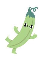 Cartoon illustration of a cute and happy pea pod dancing and waving its hands, isolated on a white background, ideal for healthy food or vegan concepts vector