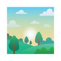 Minimalist landscape illustration featuring rolling green hills dotted with stylized trees under a soft, pastel sunset sky with fluffy white clouds vector