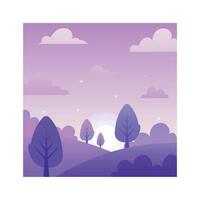 Purple rolling hills dotted with stylized trees and bushes bask in the warm glow of the setting sun, all beneath a dreamy, star filled evening sky painted in shades of purple vector