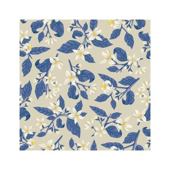 Blooming orange tree branches and blue leaves create a delicate floral design on a light green background, adding a touch of nature to various applications vector