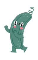 Cartoon anthropomorphic cucumber walking happily and waving with arms and legs, funny smiling pickle character isolated on white background vector