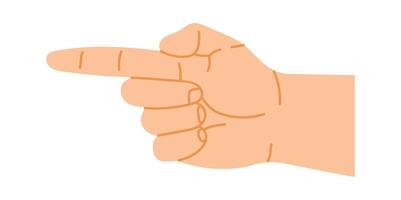 Cartoon hand pointing with index finger toward the left against a white background, effectively expressing direction and indicating choices or commands in communication vector