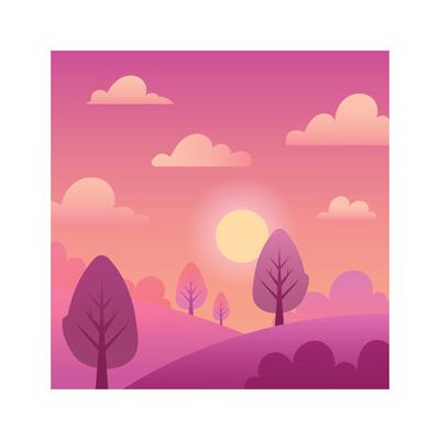 Minimalist landscape showing a setting sun over rolling hills with stylized trees and fluffy clouds in shades of pink and purple, evoking peace and tranquility