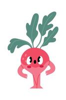 Surprised radish character striking a playful pose with hands on hips, showcasing a funny expression and big, expressive eyes, set against a clean white background vector