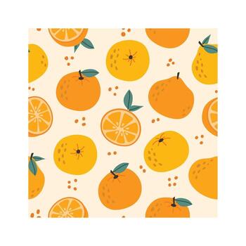 Creating a seamless pattern featuring whole oranges, juicy orange slices, and vibrant leaves, forming a cheerful and lively design against a light beige background vector