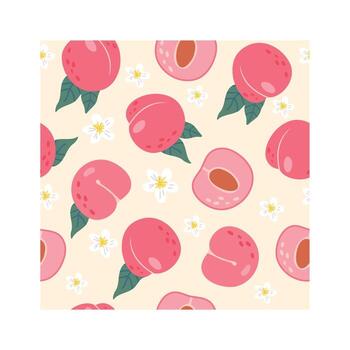 Seamless pattern with ripe peaches and white flowers on a pastel yellow background, ideal for creating fabrics, wrapping paper, or backgrounds vector