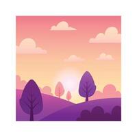 Stylized landscape featuring rolling hills and bare trees, illuminated by a vibrant purple and orange sunset. Fluffy clouds drift across the sky, creating a serene evening atmosphere vector