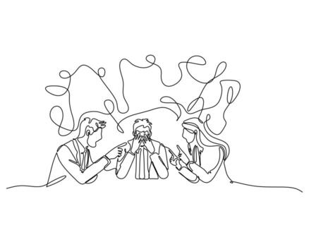 Continuous line drawing of a stressed man sitting between two arguing colleagues. Concept of workplace pressure, emotional burnout, conflict mediation, and overwhelming team dynamics vector