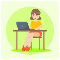 Digital nomad woman working with her laptop in the room vector