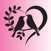 Black Bird Silhouettes on a Branch Inside a Heart Shape Against Pink Gradient vector