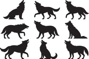 Black Wolf Silhouettes in Various Poses on White Background vector