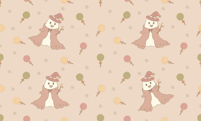 Cute Witch Ghost and Candy Halloween Seamless Pattern in Beige Pastel
