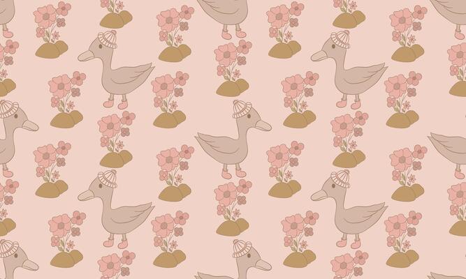 Duck and Flowers Seamless Pattern in Soft Neutral Tones