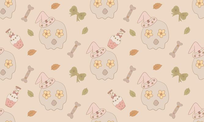 Skull and Potion Halloween Seamless Pattern in Pastel Beige