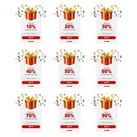 Set of pop-up banners with discounts for big sale red gift box with confetti. illustration vector