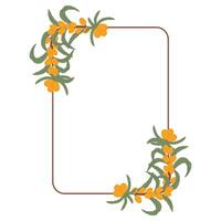 Elegant Sea Buckthorn Square Frame with Orange Berries and Green Leaves in a Hand-Drawn Botanical Design. vector
