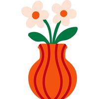 Orange vase with wavy pattern and white flowers flat floral illustration vector