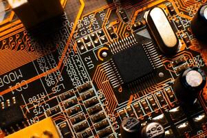 Digital chip, abstract background, technology, motherboard. Close-up of processor, system board photo