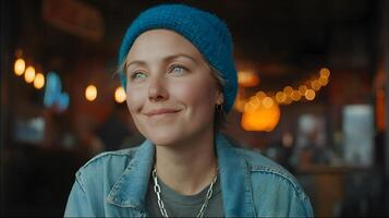 Young woman smiling and looking up in a cafe with bokeh lights photo