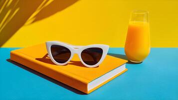 White sunglasses resting on orange book with fresh orange juice on vibrant yellow and blue background photo