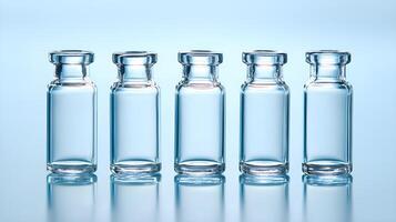 Five empty medical vials reflecting on a blue background photo
