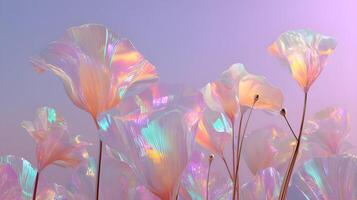 Iridescent flowers blooming under pastel sky, nature's holographic display photo