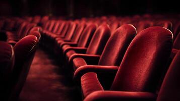 Empty red velvet seats waiting for the audience in theatre photo