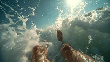 Swimmer diving into ocean wave, first person perspective of refreshing summer dip photo