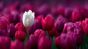 White tulip among pink tulips photo